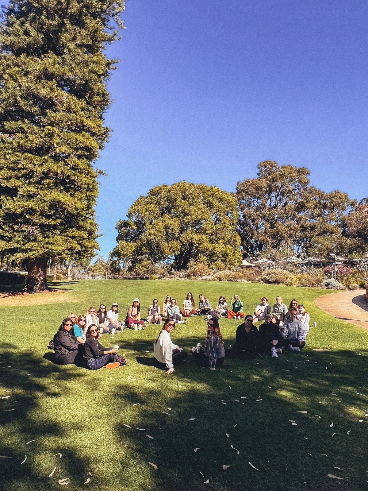 Members sitting in a circle in the park